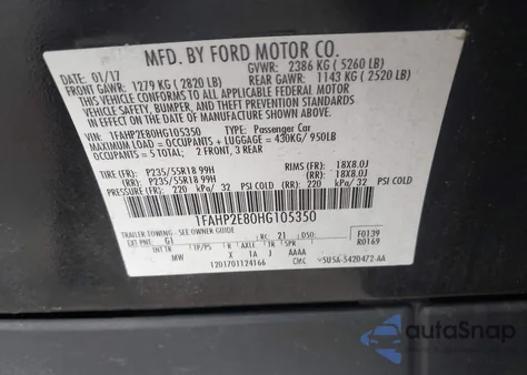 2017 Ford Taurus Sel из США, поврежденный, VIN 1FAHP2E80HG105350